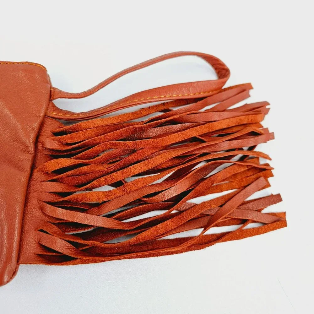 Talula De La Lune Leather Wristlet Camel Brown Fringe Trim Pink Zip Top Plaid